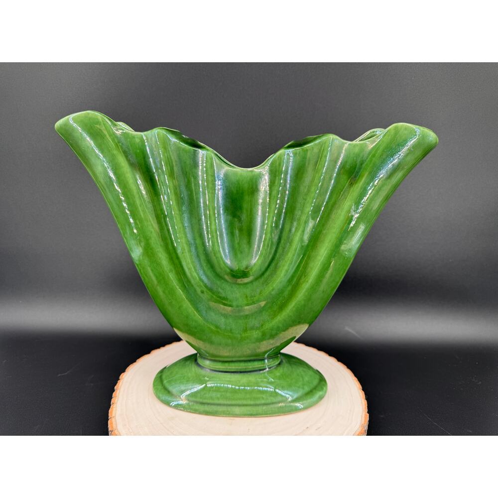 Vintage Camark Art Pottery Gladiola Fan Vase Green Glaze MCM  | 13" W x 10" H